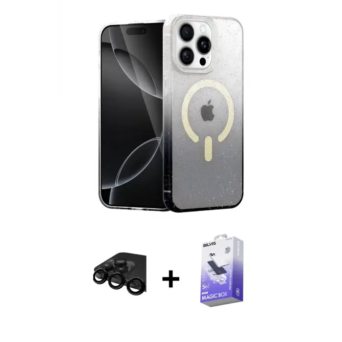 ieg™ iPhone 15 Pro Max Kılıf Eksen Minimal Özel Seri - Siyah Bilvis 5in1 5D Magic Hayalet Cam Ekran Koruyucu + Raze Metal Kamera Lens - SH