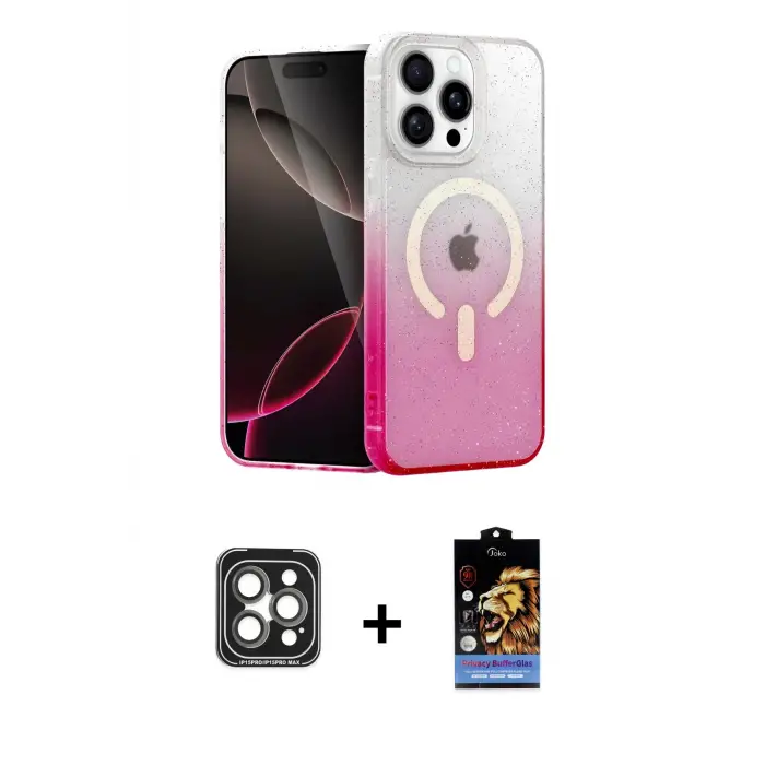 ieg™ iPhone 15 Pro Max Kılıf Eksen Minimal Özel Seri - Siyah Buffer Hayalet Cam Ekran Koruyucu + PVD Metal Kamera Lens - GI