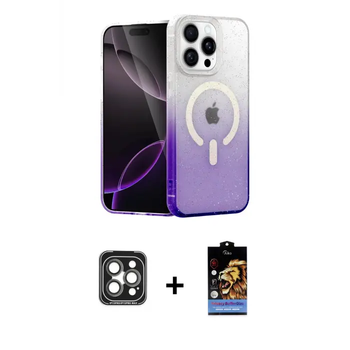ieg™ iPhone 15 Pro Max Kılıf Eksen Minimal Özel Seri - Siyah Buffer Hayalet Cam Ekran Koruyucu + PVD Metal Kamera Lens - GI
