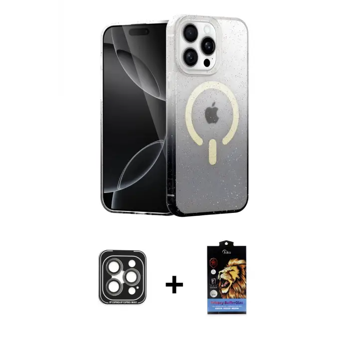ieg™ iPhone 15 Pro Max Kılıf Eksen Minimal Özel Seri - Siyah Buffer Hayalet Cam Ekran Koruyucu + PVD Metal Kamera Lens - GI