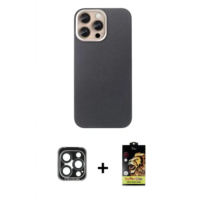 ieg™ iPhone 15 Pro Max Kılıf Eksen Prime - Siyah Buffer Cam Ekran Koruyucu + PVD Metal Kamera Lens - LT