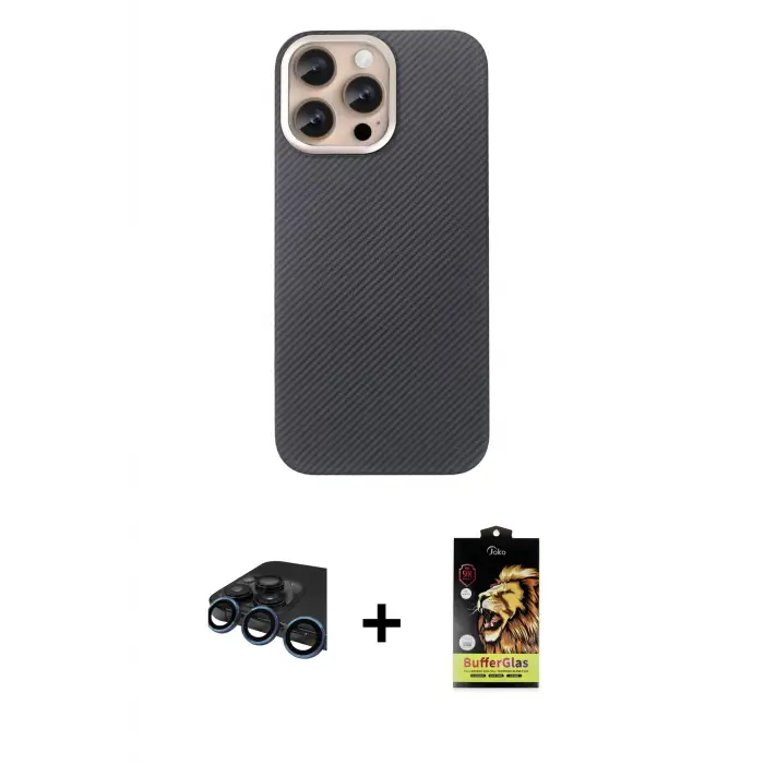 ieg™ iPhone 15 Pro Max Kılıf Eksen Prime - Siyah Buffer Cam Ekran Koruyucu + Raze Metal Kamera Lens - LT