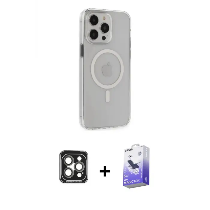 ieg™ iPhone 15 Pro Max Kılıf Kıvılcım Asil Özel Seri - Siyah Bilvis 5in1 5D Magic Hayalet Cam Ekran Koruyucu + PVD Metal Kamera Lens - GI