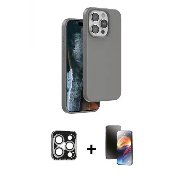 ieg™ iPhone 15 Pro Max Kılıf Kıvılcım Çizgi Serisi - Siyah 3D Antistatik Mat Seramik Nano Ekran Koruyucu + PVD Metal Kamera Lens - GS