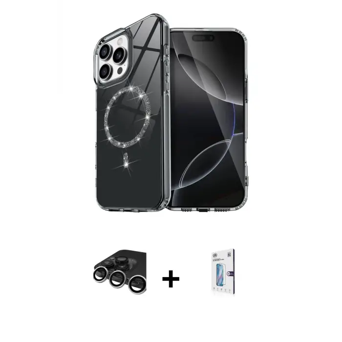 ieg™ iPhone 15 Pro Max Kılıf Kıvılcım Form Prime - Siyah Bilvis 0.18mm Plus Cam Ekran Koruyucu + Raze Metal Kamera Lens - GS