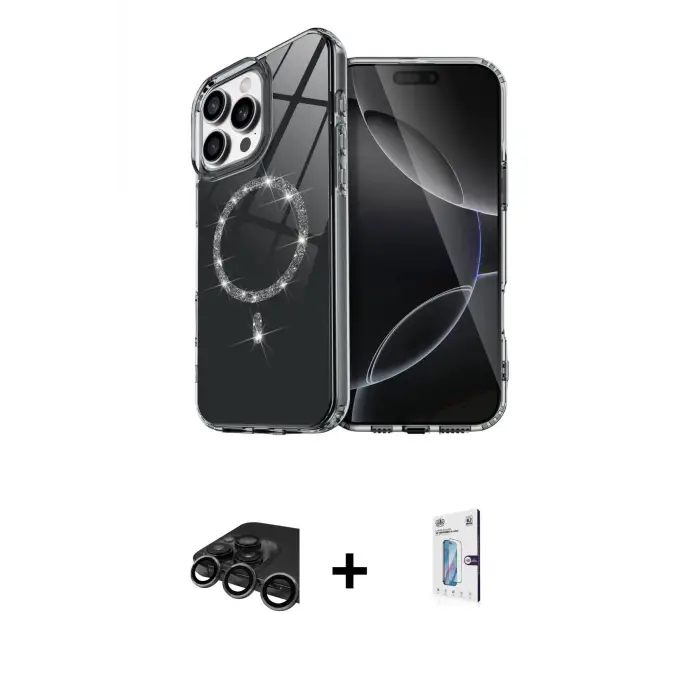 ieg™ iPhone 15 Pro Max Kılıf Kıvılcım Form Prime - Siyah Bilvis 0.18mm Plus Cam Ekran Koruyucu + Raze Metal Kamera Lens - TMGI