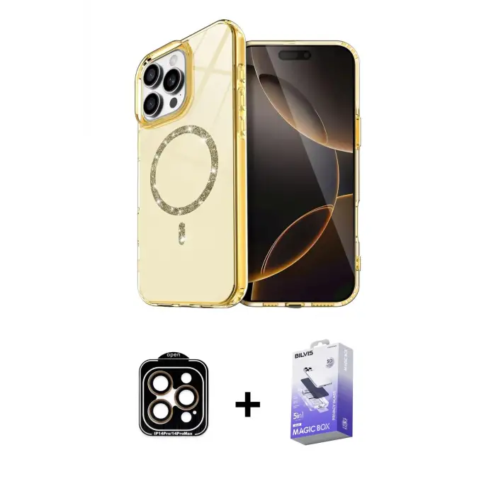 ieg™ iPhone 15 Pro Max Kılıf Kıvılcım Form Prime - Siyah Bilvis 5in1 5D Magic Hayalet Cam Ekran Koruyucu + PVD Metal Kamera Lens - TU