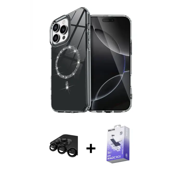 ieg™ iPhone 15 Pro Max Kılıf Kıvılcım Form Prime - Siyah Bilvis 5in1 5D Magic Hayalet Cam Ekran Koruyucu + Raze Metal Kamera Lens - SH