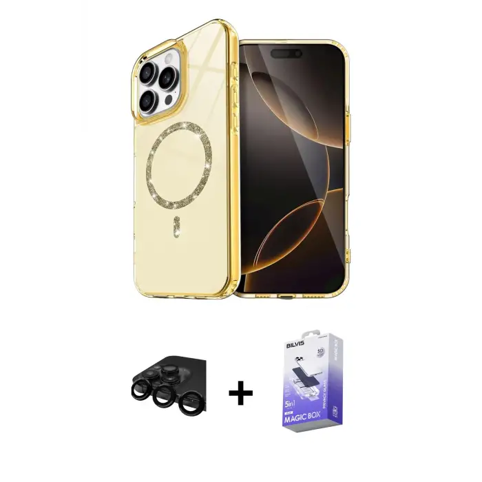 ieg™ iPhone 15 Pro Max Kılıf Kıvılcım Form Prime - Siyah Bilvis 5in1 5D Magic Hayalet Cam Ekran Koruyucu + Raze Metal Kamera Lens - SH