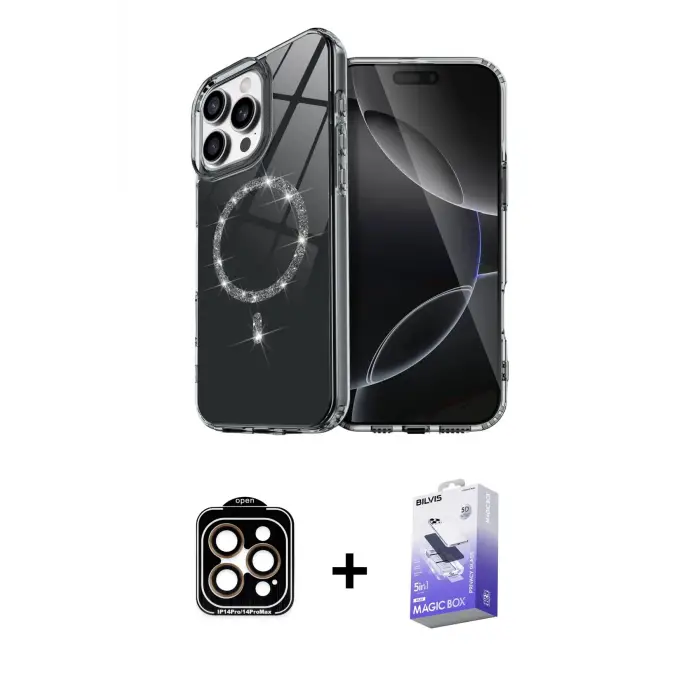 ieg™ iPhone 15 Pro Max Kılıf Kıvılcım Form Prime - Siyah Bilvis 5in1 5D Magic Hayalet Cam Ekran Koruyucu + PVD Metal Kamera Lens - TU