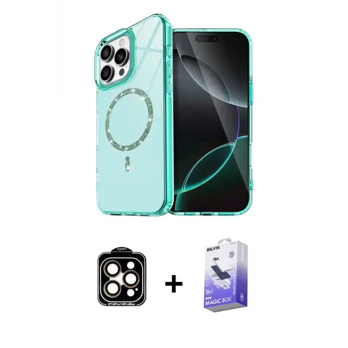 ieg™ iPhone 15 Pro Max Kılıf Kıvılcım Form Prime - Siyah Bilvis 5in1 5D Magic Hayalet Cam Ekran Koruyucu + PVD Metal Kamera Lens - TU