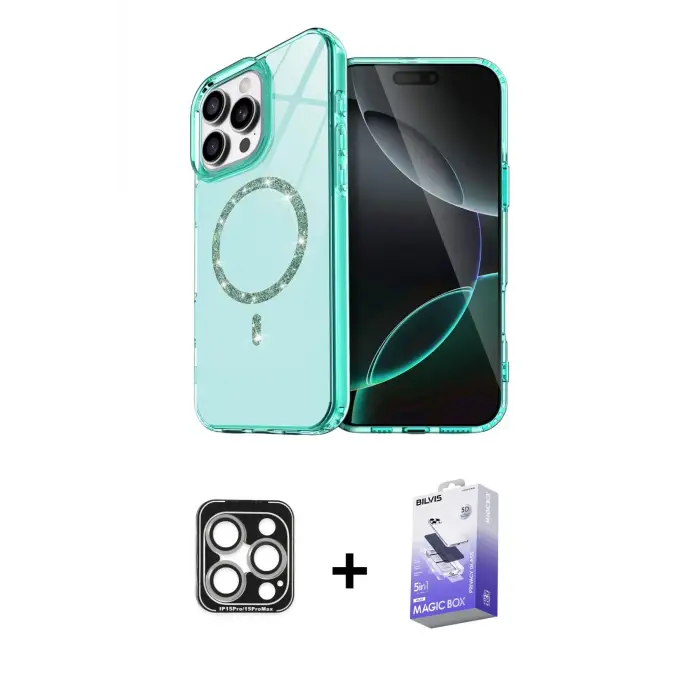 ieg™ iPhone 15 Pro Max Kılıf Kıvılcım Form Prime - Siyah Bilvis 5in1 5D Magic Hayalet Cam Ekran Koruyucu + PVD Metal Kamera Lens - GS