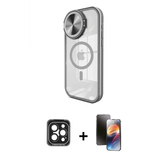 ieg™ iPhone 15 Pro Max Kılıf Kıvılcım Modern Koleksiyonu - Siyah 3D Antistatik Mat Seramik Nano Ekran Koruyucu + PVD Metal Kamera Lens - SH
