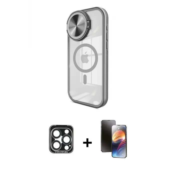 ieg™ iPhone 15 Pro Max Kılıf Kıvılcım Modern Koleksiyonu - Siyah 3D Antistatik Mat Seramik Nano Ekran Koruyucu + PVD Metal Kamera Lens - LT