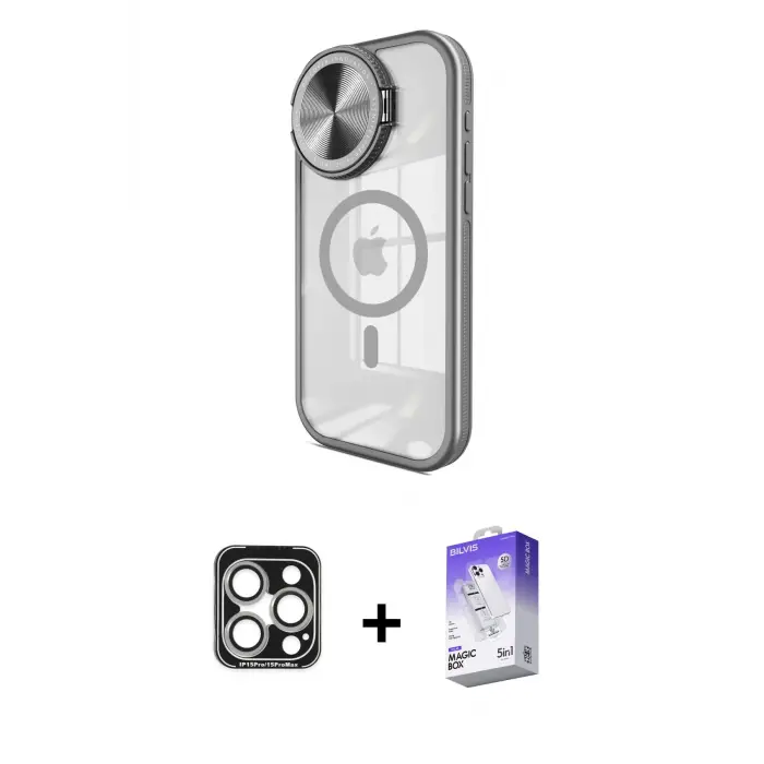 ieg™ iPhone 15 Pro Max Kılıf Kıvılcım Modern Koleksiyonu - Siyah Bilvis 5in1 3D Magic Cam Ekran Koruyucu + PVD Metal Kamera Lens - GS