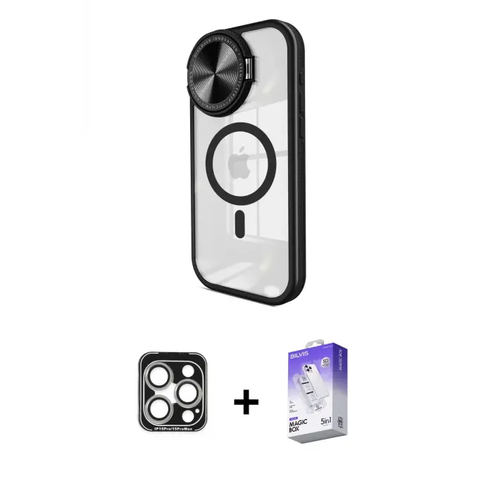 ieg™ iPhone 15 Pro Max Kılıf Kıvılcım Modern Koleksiyonu - Siyah Bilvis 5in1 3D Magic Cam Ekran Koruyucu + PVD Metal Kamera Lens - GS