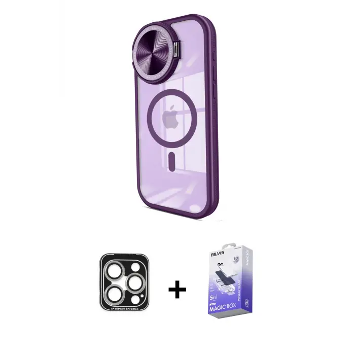 ieg™ iPhone 15 Pro Max Kılıf Kıvılcım Modern Koleksiyonu - Siyah Bilvis 5in1 5D Magic Hayalet Cam Ekran Koruyucu + PVD Metal Kamera Lens - GS
