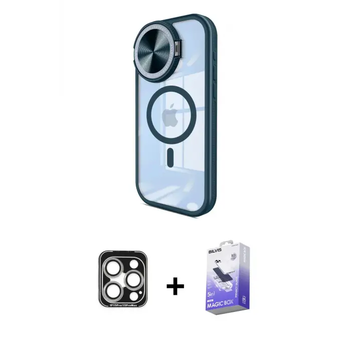ieg™ iPhone 15 Pro Max Kılıf Kıvılcım Modern Koleksiyonu - Siyah Bilvis 5in1 5D Magic Hayalet Cam Ekran Koruyucu + PVD Metal Kamera Lens - GS