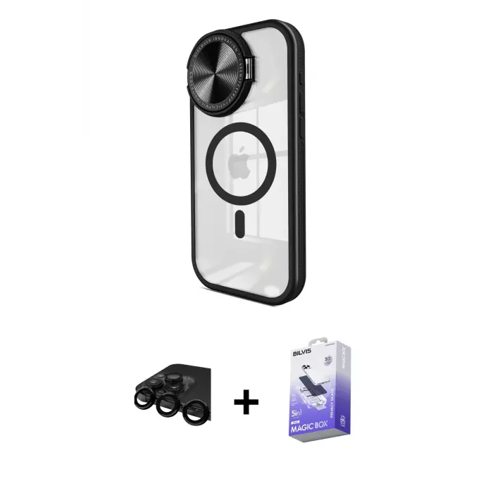 ieg™ iPhone 15 Pro Max Kılıf Kıvılcım Modern Koleksiyonu - Siyah Bilvis 5in1 5D Magic Hayalet Cam Ekran Koruyucu + Raze Metal Kamera Lens - SH