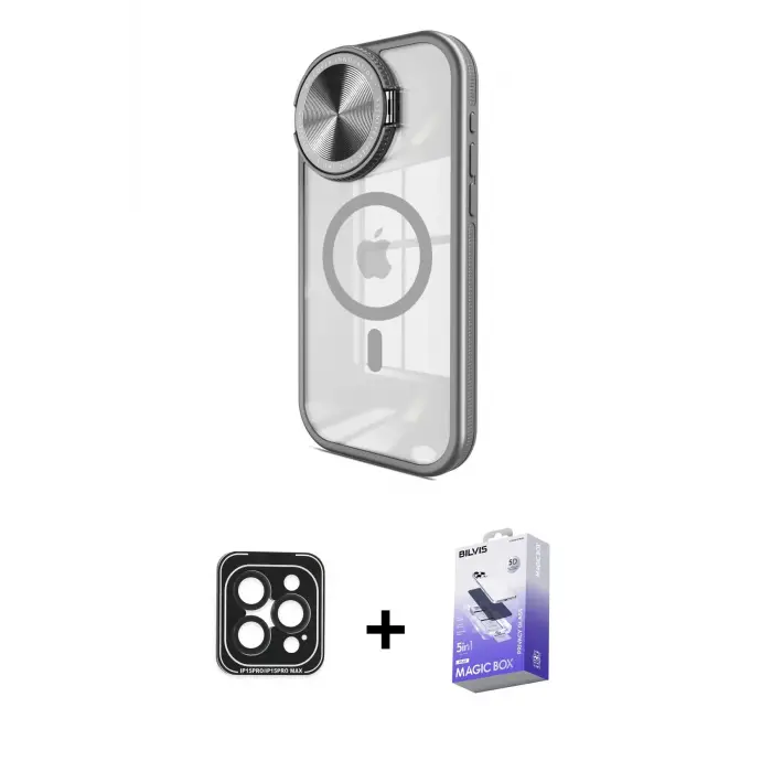 ieg™ iPhone 15 Pro Max Kılıf Kıvılcım Modern Koleksiyonu - Siyah Bilvis 5in1 5D Magic Hayalet Cam Ekran Koruyucu + PVD Metal Kamera Lens - SH