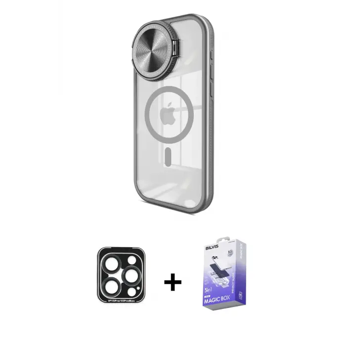 ieg™ iPhone 15 Pro Max Kılıf Kıvılcım Modern Koleksiyonu - Siyah Bilvis 5in1 5D Magic Hayalet Cam Ekran Koruyucu + PVD Metal Kamera Lens - LT