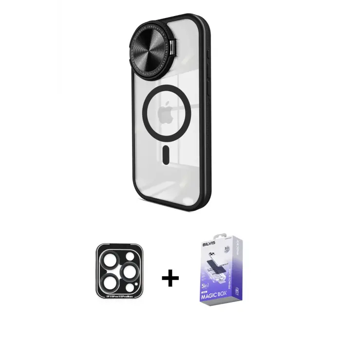 ieg™ iPhone 15 Pro Max Kılıf Kıvılcım Modern Koleksiyonu - Siyah Bilvis 5in1 5D Magic Hayalet Cam Ekran Koruyucu + PVD Metal Kamera Lens - LT