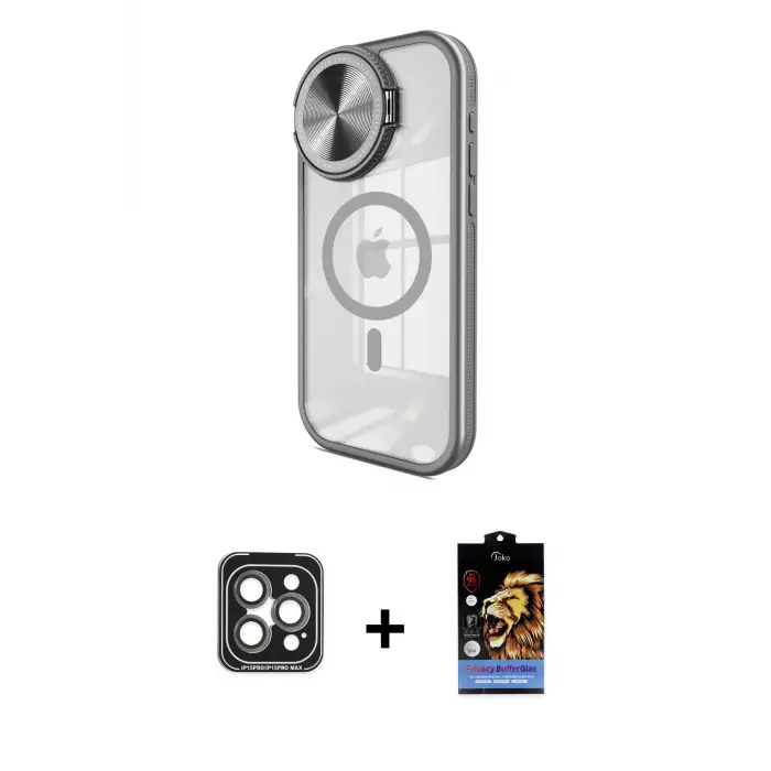 ieg™ iPhone 15 Pro Max Kılıf Kıvılcım Modern Koleksiyonu - Siyah Buffer Hayalet Cam Ekran Koruyucu + PVD Metal Kamera Lens - GI