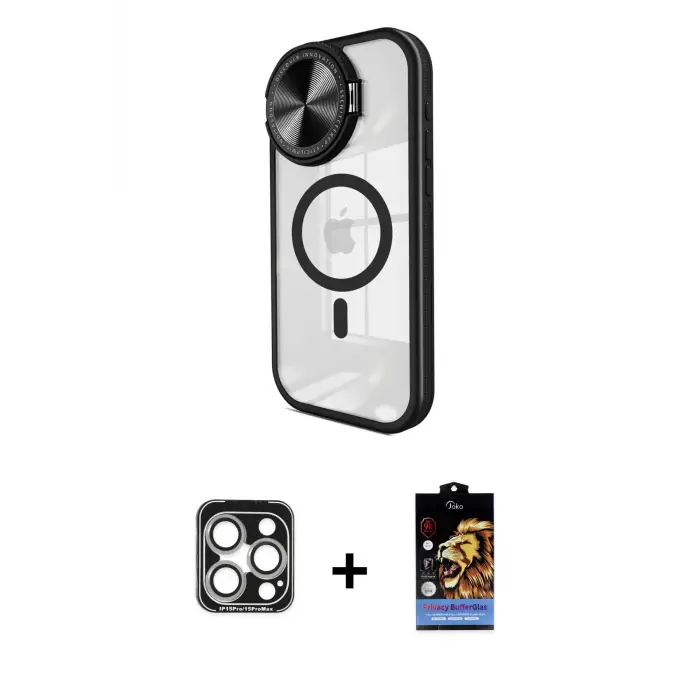 ieg™ iPhone 15 Pro Max Kılıf Kıvılcım Modern Koleksiyonu - Siyah Buffer Hayalet Cam Ekran Koruyucu + PVD Metal Kamera Lens - GS