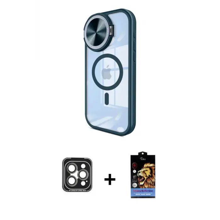 ieg™ iPhone 15 Pro Max Kılıf Kıvılcım Modern Koleksiyonu - Siyah Buffer Hayalet Cam Ekran Koruyucu + PVD Metal Kamera Lens - GI