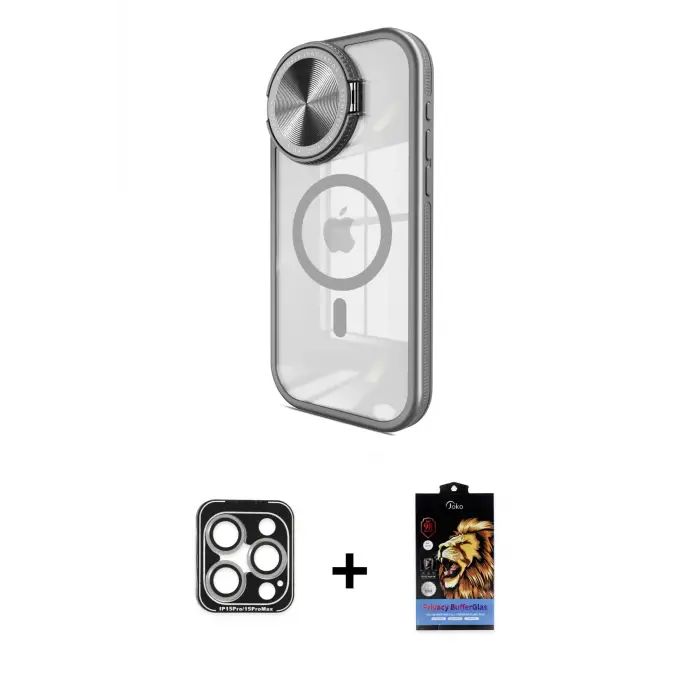 ieg™ iPhone 15 Pro Max Kılıf Kıvılcım Modern Koleksiyonu - Siyah Buffer Hayalet Cam Ekran Koruyucu + PVD Metal Kamera Lens - GS