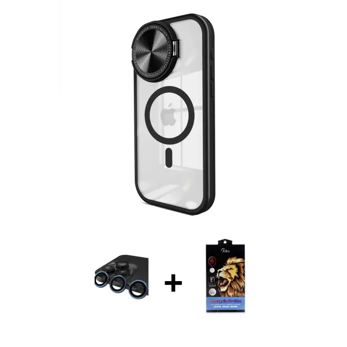 ieg™ iPhone 15 Pro Max Kılıf Kıvılcım Modern Koleksiyonu - Siyah Buffer Hayalet Cam Ekran Koruyucu + Raze Metal Kamera Lens - LT