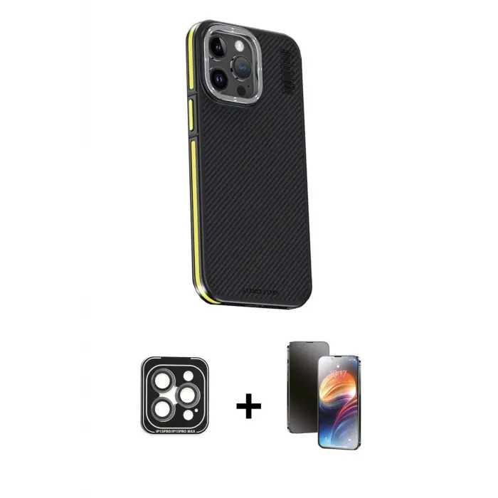 ieg™ iPhone 15 Pro Max Kılıf Kıvılcım Modern Özel Seri - Siyah 3D Antistatik Mat Seramik Nano Ekran Koruyucu + PVD Metal Kamera Lens - GI