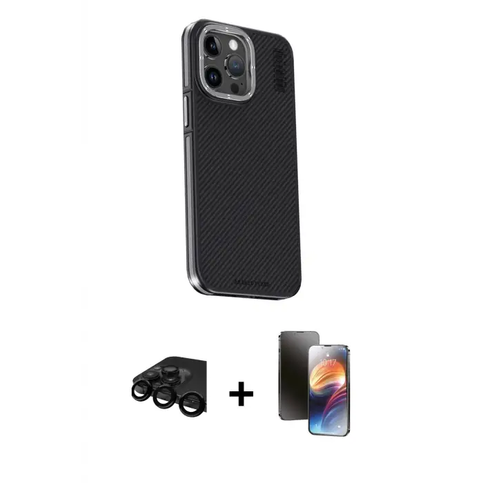 ieg™ iPhone 15 Pro Max Kılıf Kıvılcım Modern Özel Seri - Siyah 3D Antistatik Mat Seramik Nano Ekran Koruyucu + Raze Metal Kamera Lens - SH