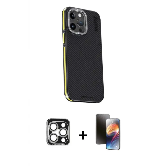 ieg™ iPhone 15 Pro Max Kılıf Kıvılcım Modern Özel Seri - Siyah 3D Antistatik Mat Seramik Nano Ekran Koruyucu + PVD Metal Kamera Lens - GS