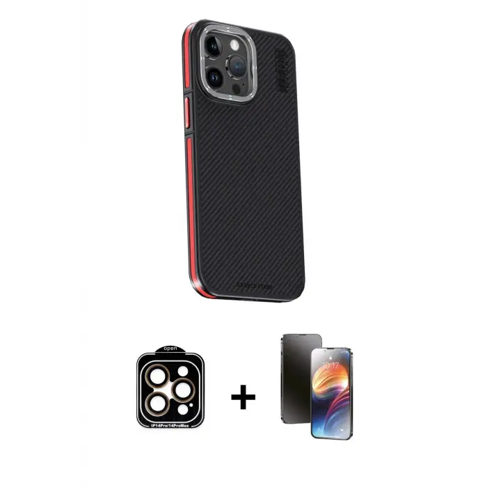 ieg™ iPhone 15 Pro Max Kılıf Kıvılcım Modern Özel Seri - Siyah 3D Antistatik Mat Seramik Nano Ekran Koruyucu + PVD Metal Kamera Lens - TU