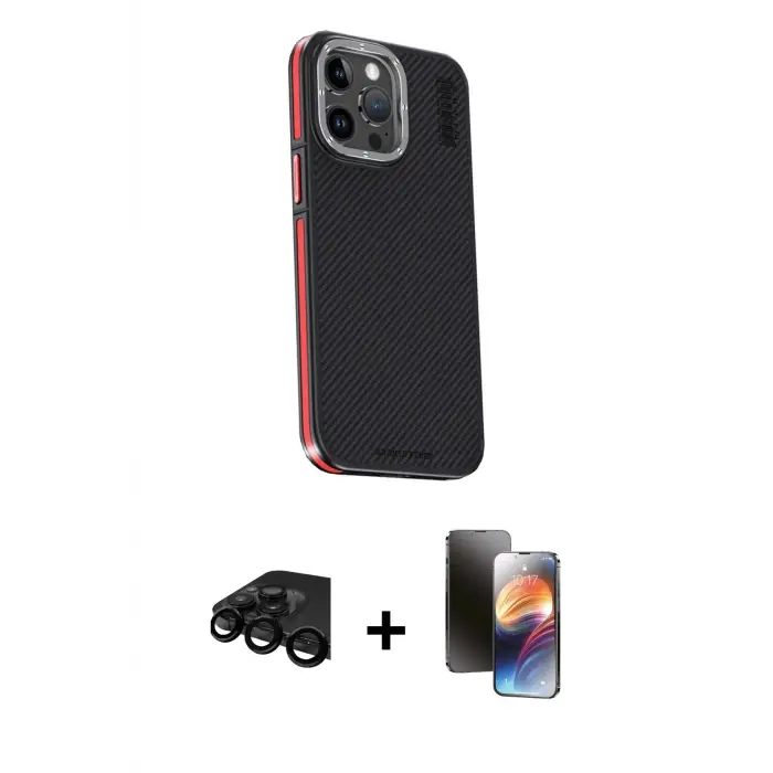 ieg™ iPhone 15 Pro Max Kılıf Kıvılcım Modern Özel Seri - Siyah 3D Antistatik Mat Seramik Nano Ekran Koruyucu + Raze Metal Kamera Lens - SH