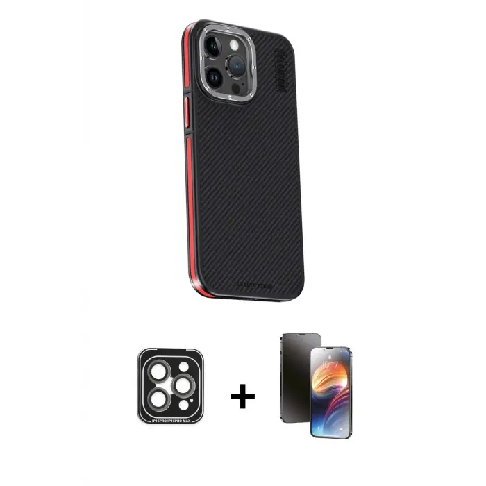 ieg™ iPhone 15 Pro Max Kılıf Kıvılcım Modern Özel Seri - Siyah 3D Antistatik Mat Seramik Nano Ekran Koruyucu + PVD Metal Kamera Lens - GI
