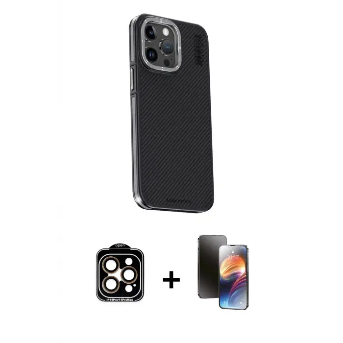 ieg™ iPhone 15 Pro Max Kılıf Kıvılcım Modern Özel Seri - Siyah 3D Antistatik Mat Seramik Nano Ekran Koruyucu + PVD Metal Kamera Lens - TU