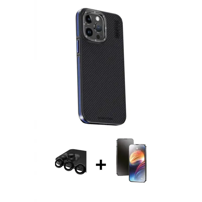 ieg™ iPhone 15 Pro Max Kılıf Kıvılcım Modern Özel Seri - Siyah 3D Antistatik Mat Seramik Nano Ekran Koruyucu + Raze Metal Kamera Lens - SH