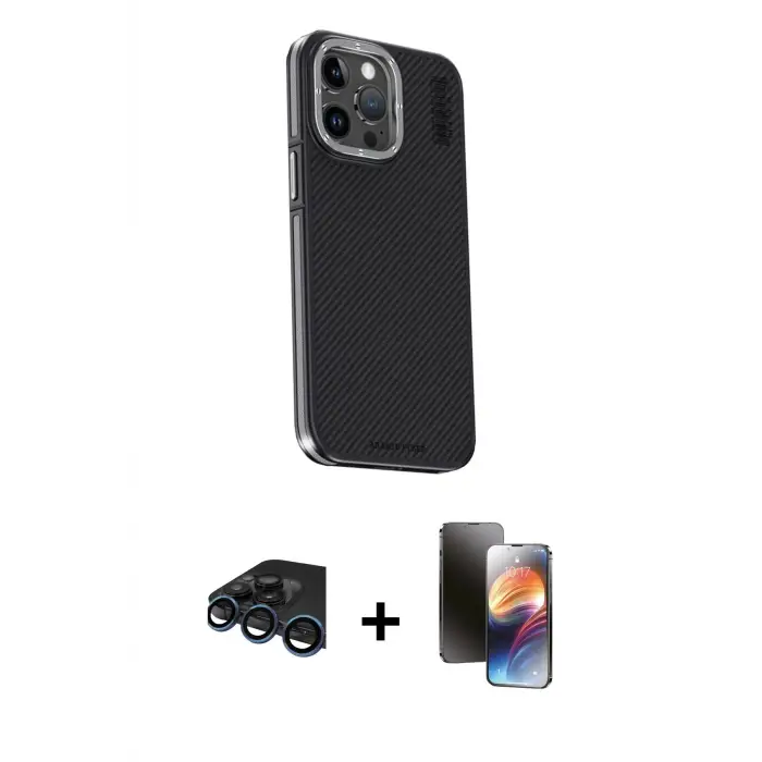 ieg™ iPhone 15 Pro Max Kılıf Kıvılcım Modern Özel Seri - Siyah 3D Antistatik Mat Seramik Nano Ekran Koruyucu + Raze Metal Kamera Lens - LT