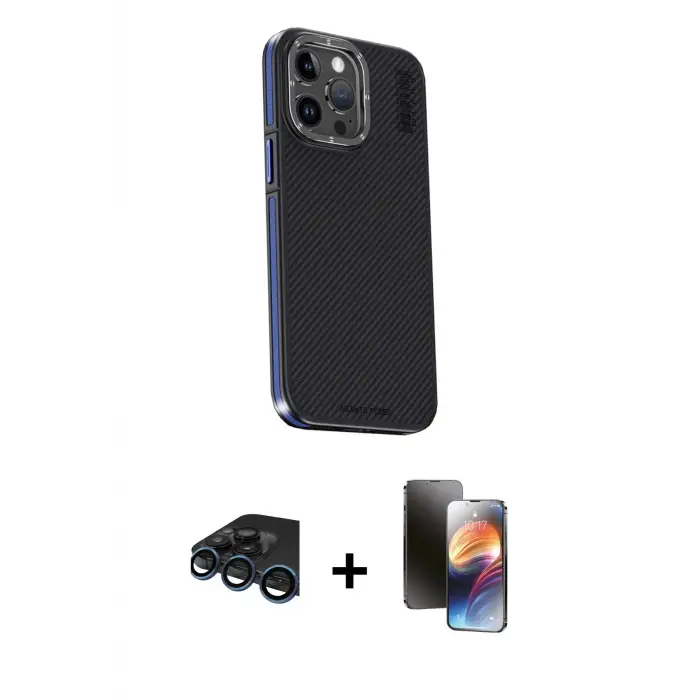 ieg™ iPhone 15 Pro Max Kılıf Kıvılcım Modern Özel Seri - Siyah 3D Antistatik Mat Seramik Nano Ekran Koruyucu + Raze Metal Kamera Lens - LT