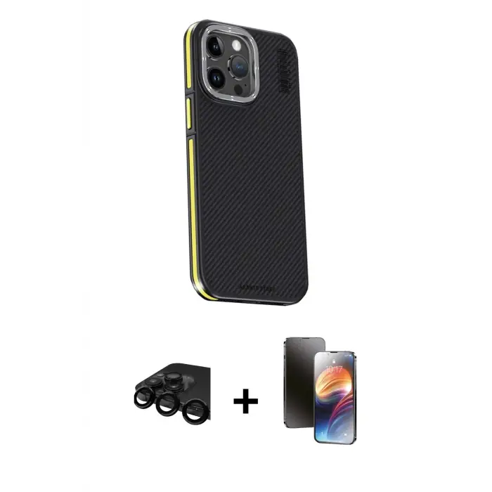 ieg™ iPhone 15 Pro Max Kılıf Kıvılcım Modern Özel Seri - Siyah 3D Antistatik Mat Seramik Nano Ekran Koruyucu + Raze Metal Kamera Lens - SH