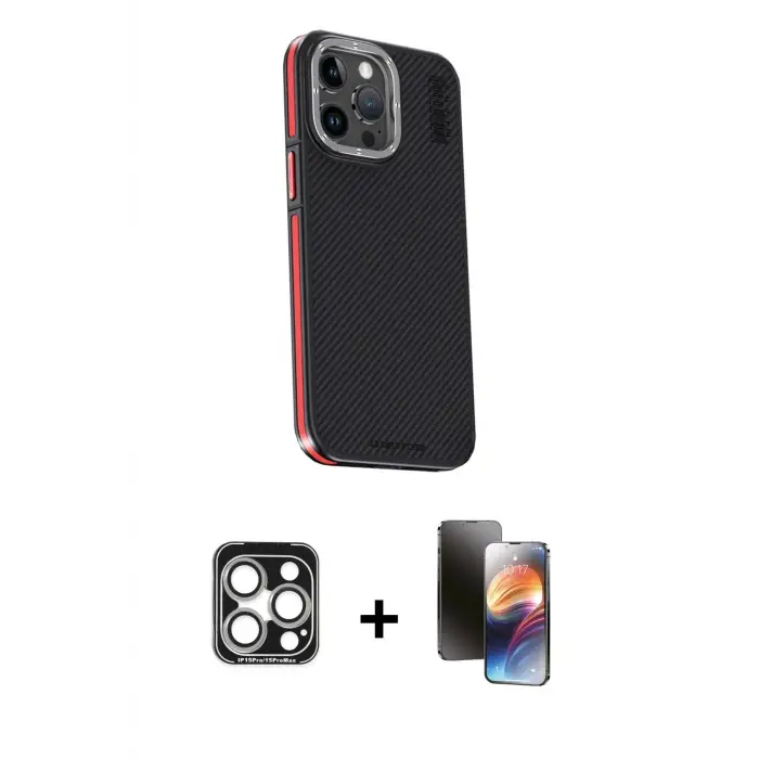 ieg™ iPhone 15 Pro Max Kılıf Kıvılcım Modern Özel Seri - Siyah 3D Antistatik Mat Seramik Nano Ekran Koruyucu + PVD Metal Kamera Lens - GS