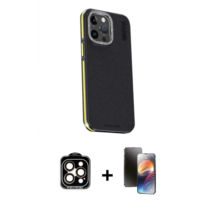 ieg™ iPhone 15 Pro Max Kılıf Kıvılcım Modern Özel Seri - Siyah 3D Antistatik Mat Seramik Nano Ekran Koruyucu + PVD Metal Kamera Lens - TU