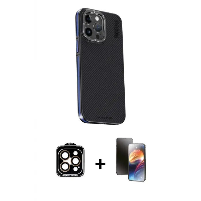 ieg™ iPhone 15 Pro Max Kılıf Kıvılcım Modern Özel Seri - Siyah 3D Antistatik Mat Seramik Nano Ekran Koruyucu + PVD Metal Kamera Lens - TU