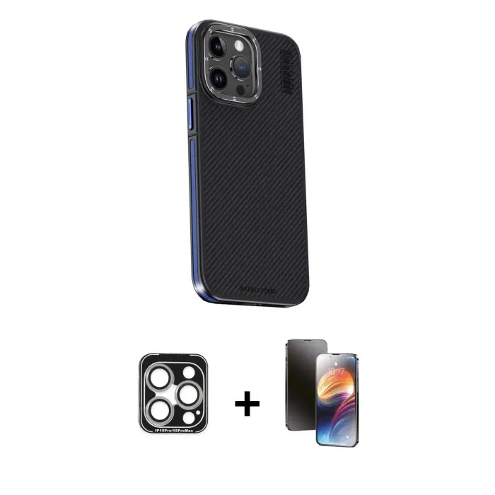 ieg™ iPhone 15 Pro Max Kılıf Kıvılcım Modern Özel Seri - Siyah 3D Antistatik Mat Seramik Nano Ekran Koruyucu + PVD Metal Kamera Lens - GS