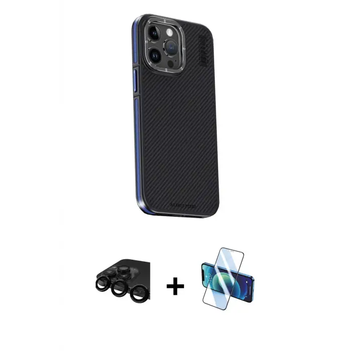 ieg™ iPhone 15 Pro Max Kılıf Kıvılcım Modern Özel Seri - Siyah 3D Antistatik Seramik Nano Ekran Koruyucu + Raze Metal Kamera Lens - SH