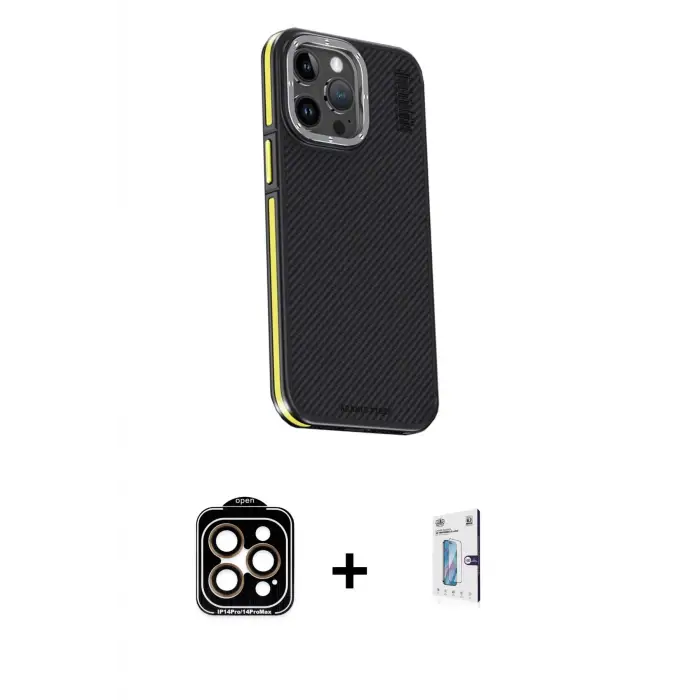ieg™ iPhone 15 Pro Max Kılıf Kıvılcım Modern Özel Seri - Siyah Bilvis 0.18mm Plus Cam Ekran Koruyucu + PVD Metal Kamera Lens - TU
