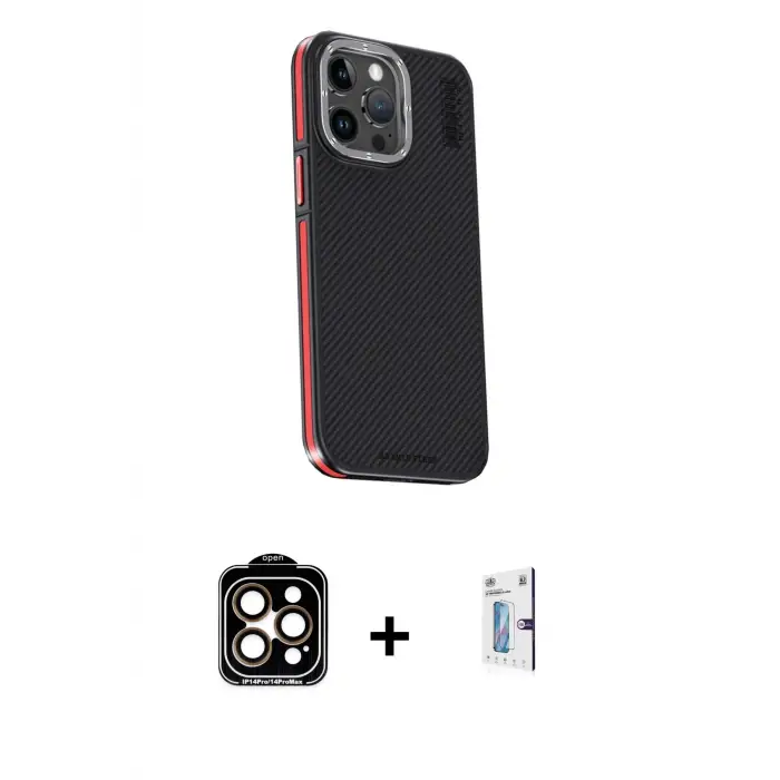 ieg™ iPhone 15 Pro Max Kılıf Kıvılcım Modern Özel Seri - Siyah Bilvis 0.18mm Plus Cam Ekran Koruyucu + PVD Metal Kamera Lens - TU