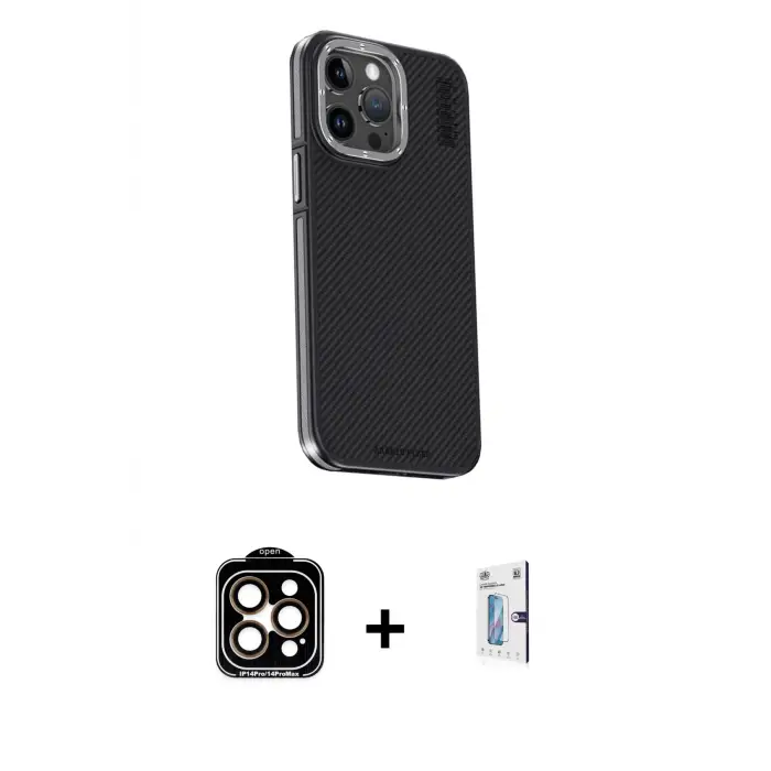 ieg™ iPhone 15 Pro Max Kılıf Kıvılcım Modern Özel Seri - Siyah Bilvis 0.18mm Plus Cam Ekran Koruyucu + PVD Metal Kamera Lens - TU